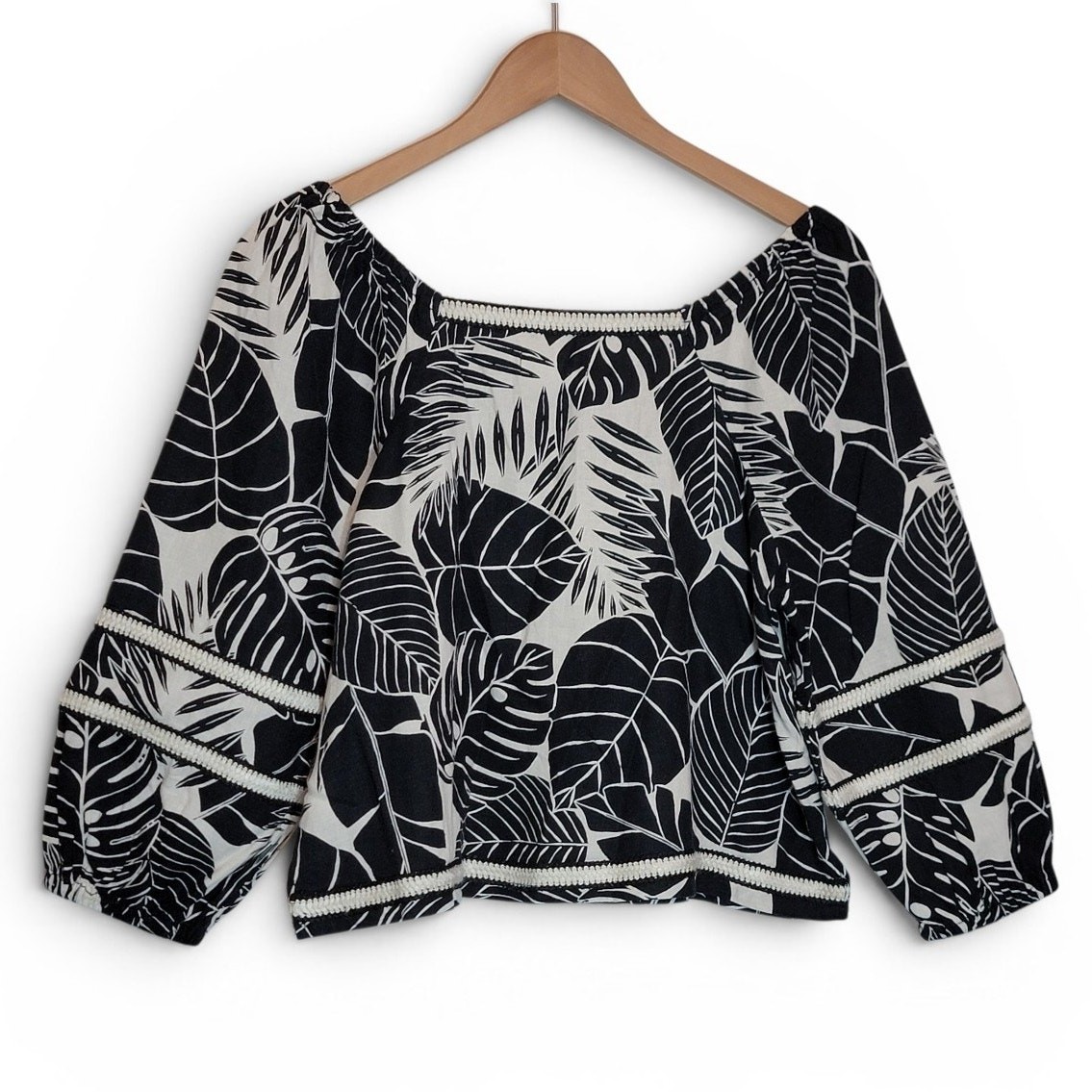 Cynthia Rowley Tropical Palm Print Black White Linen Blend 3/4 Sleeve Top S