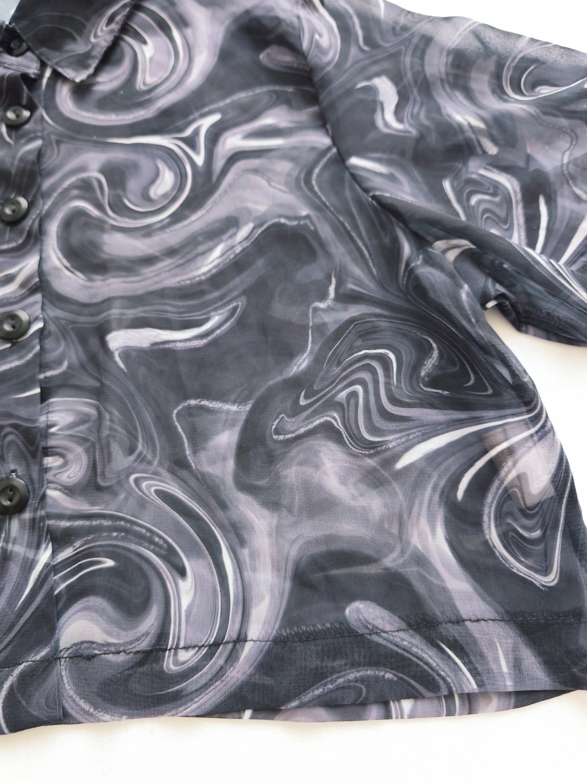 TRENDYOL Women’s Sheer Crop Shirt Blouse Abstract Marble Swirl Button Up Size 38