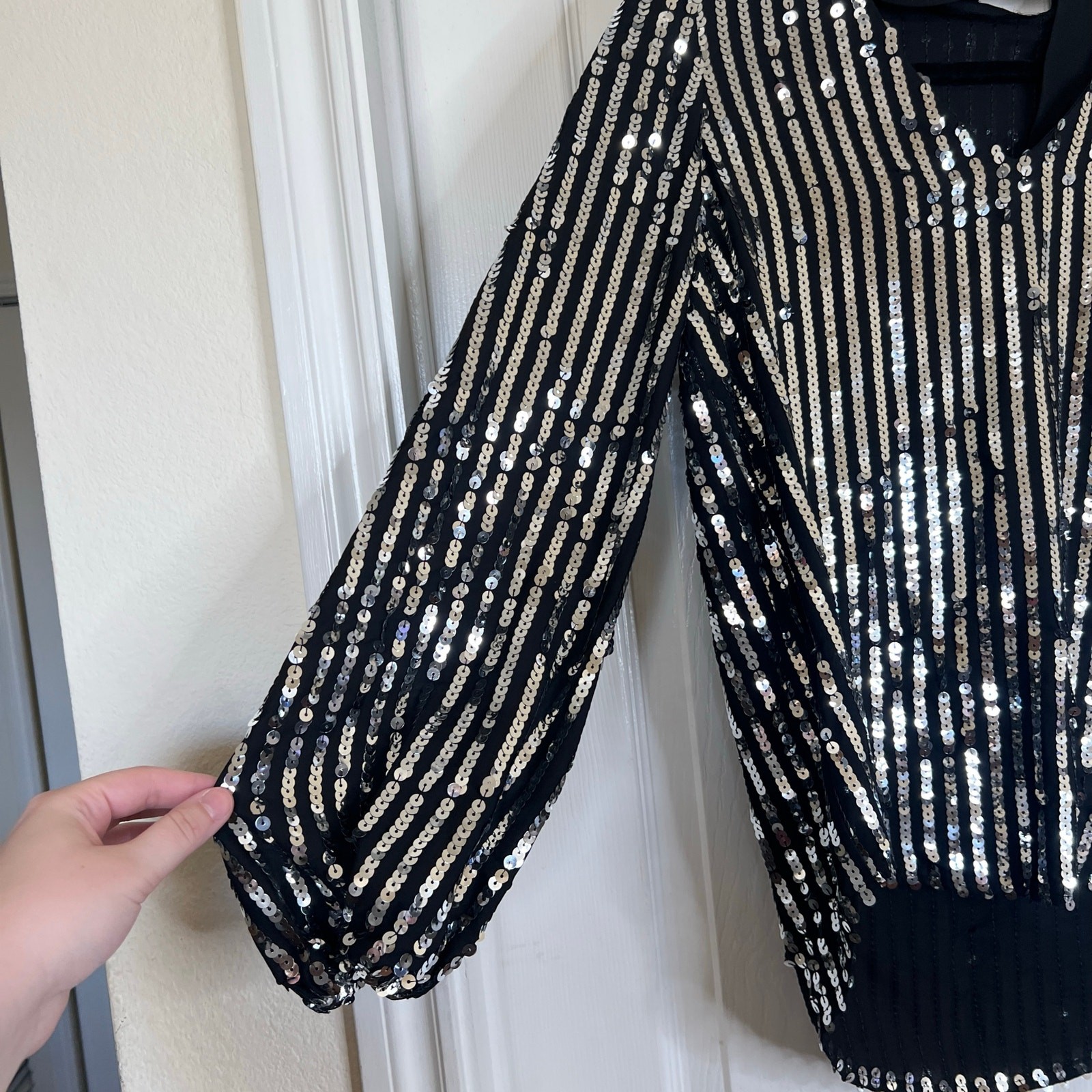 NWT RIXO Moss Black Silver Sequin Stripe Neck Tie Top Size Small Party Holiday