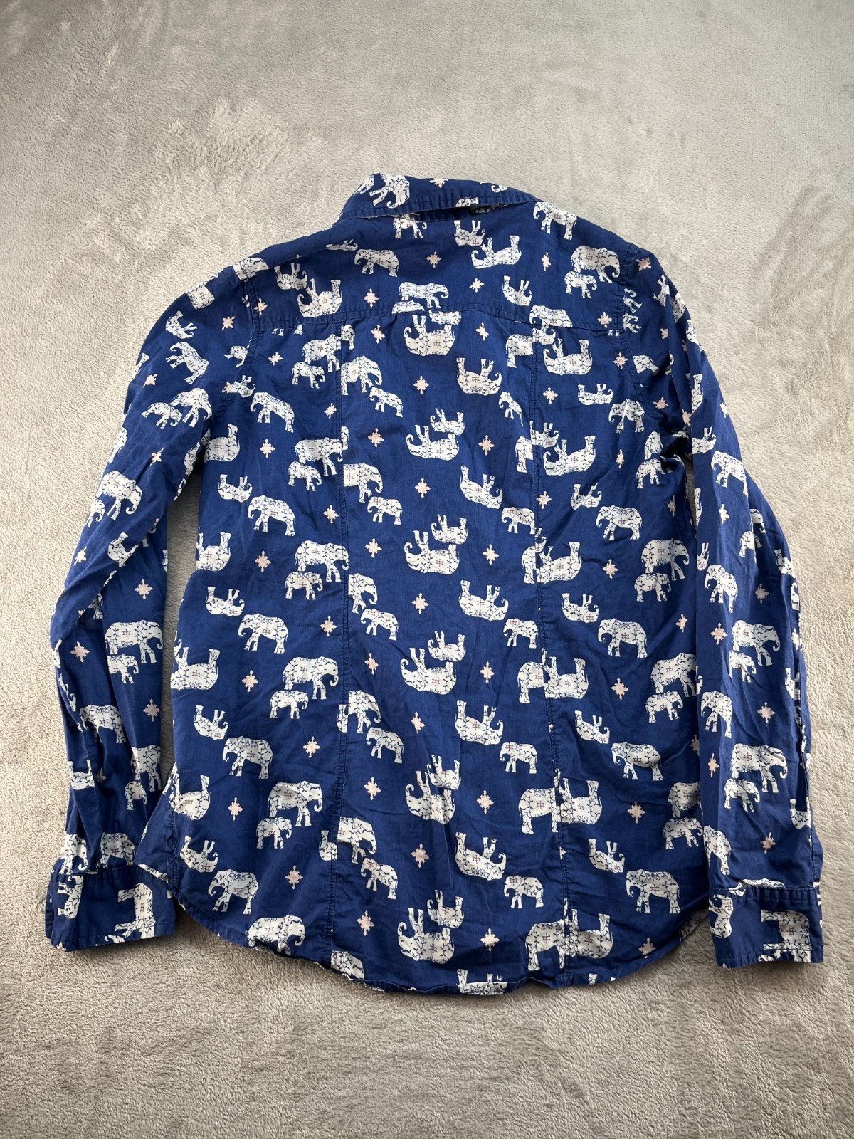 Red Camel Button Up Shirt Womens M Blue Elephant Print Long Sleeves Boho Novelty