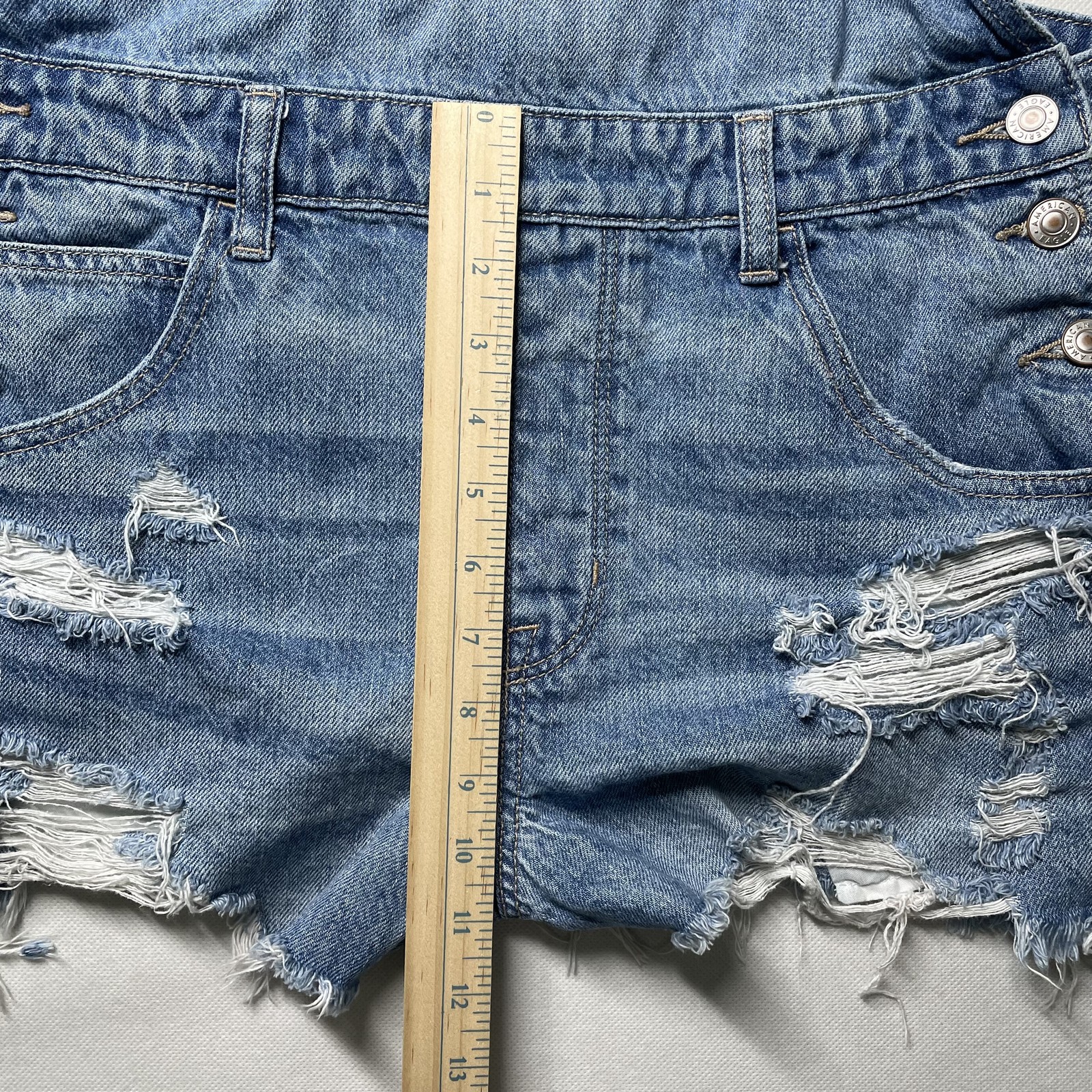 American Eagle Denim Shortall Distressed Frayed Hem Blue Women’s Size M -C