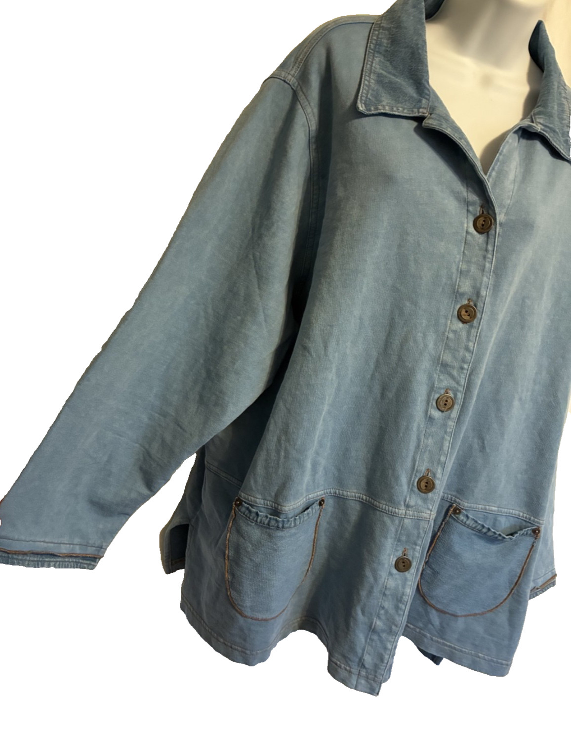 Produce Company Jacket Top Button 1x Cotton + Stretch Knit Blue