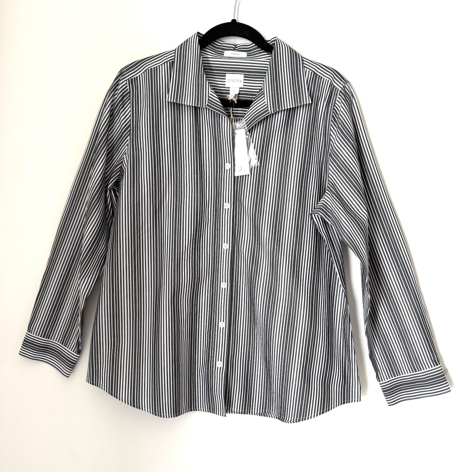 Chico’s No Iron Striped shirt Sz Medium Gray white gold metallic button NWT