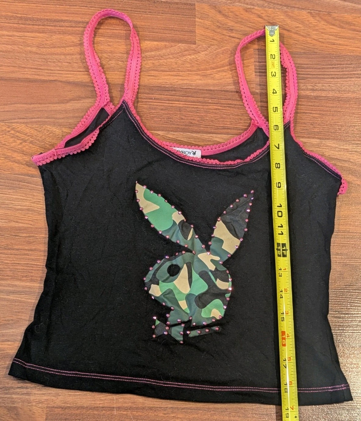 Y2K Playboy Bunny Tank Top Women L (Fit S) Black Camo Logo Rhinestone Baby T USA