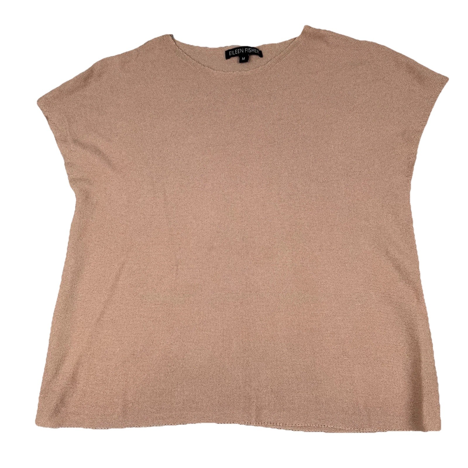 Eileen Fisher Top Size M Tan Raw Edges Short Micro Sleeve Lightweight Knit