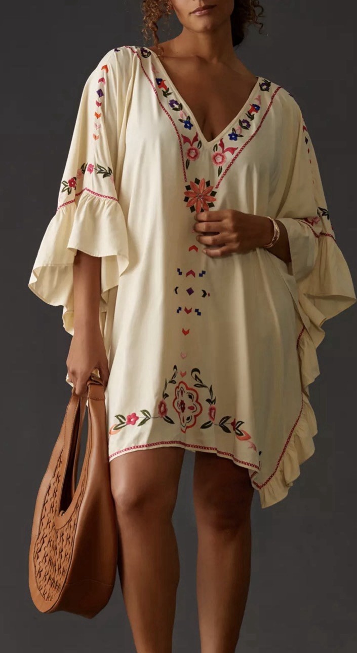 Anthropologie Ruffle Embroidered Cover Up Boho Beach Festival Sz Large/XL Petite