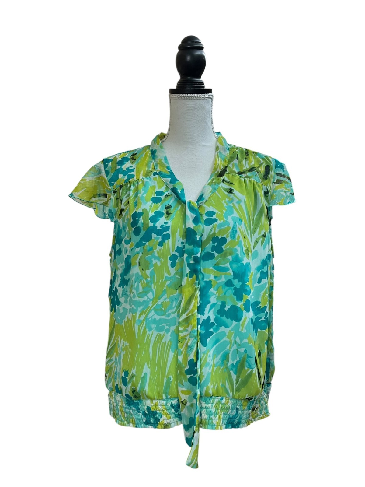 Nue Options Womens Blouse PXL Multi Abstract Chiffon Smocked Knot Tie Neck