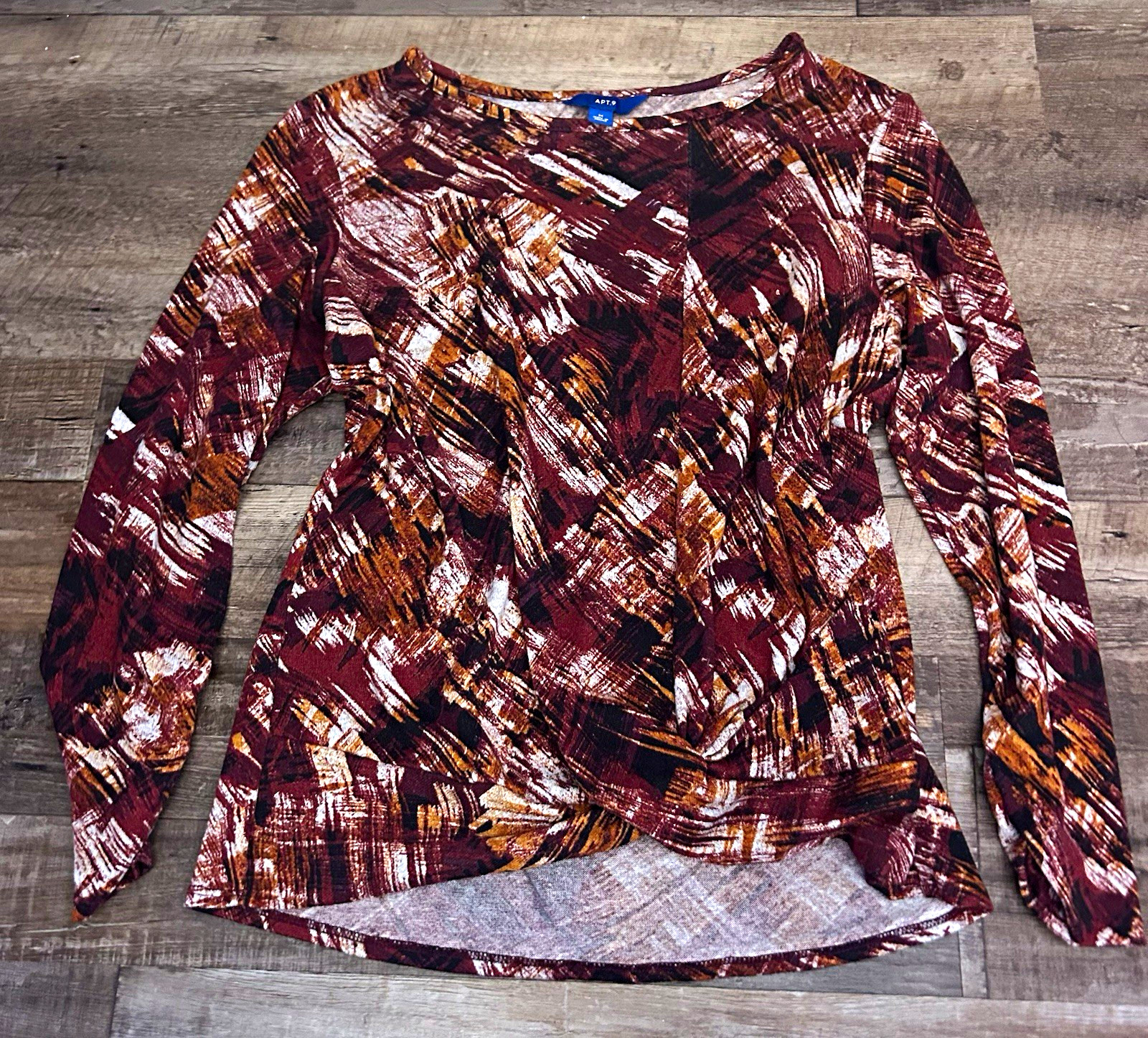 APT.9 Burgundy Brown Abstract Knit Pullover Top V-Neck Long Sleeve Womens M