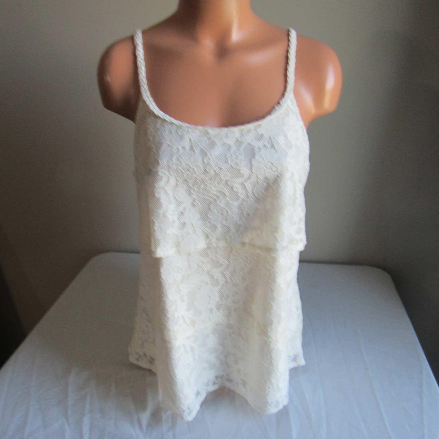 Cato Cotton Nylon Lace Overlay Tiered Shirt Top Tank Blouse Cream L NWT