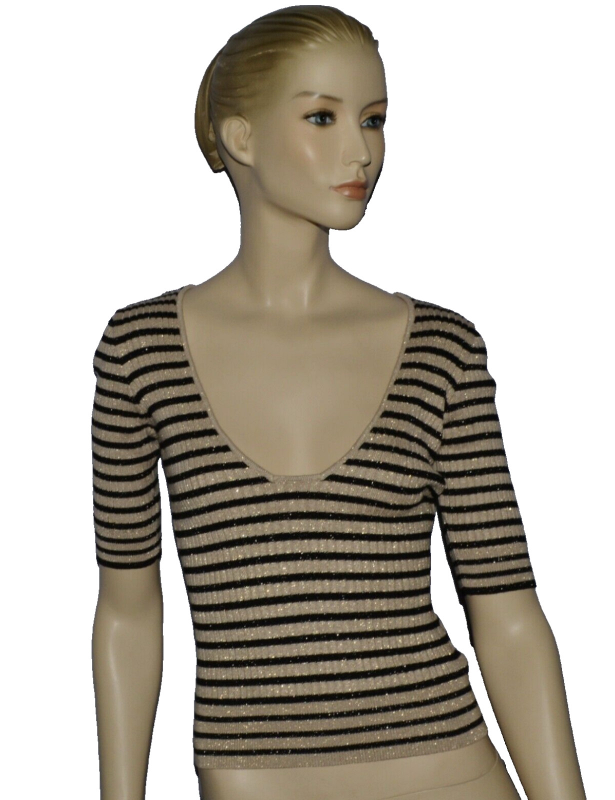 NASTY GAL SZ S SMALL BLACK LIGHT GRAY STRIPED CROPPED 3/4 SLEEVE KNIT BLOUSE