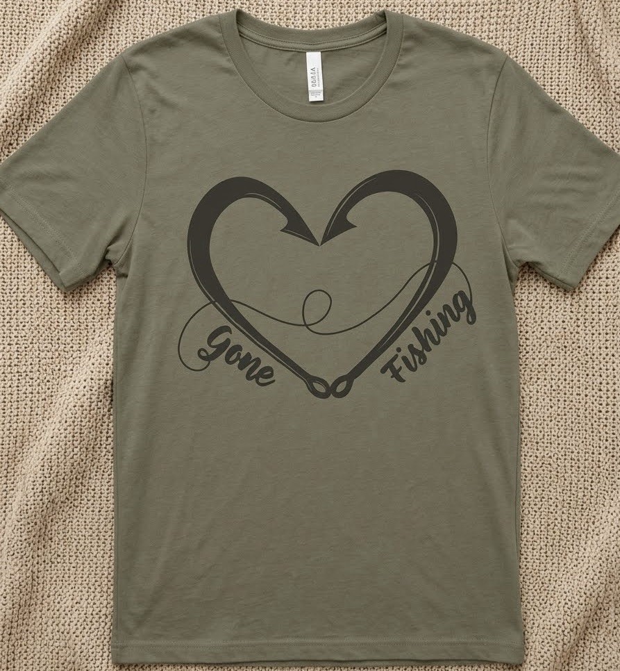 Bella+Canvas Women’s Gone Fishing Heart Graphic Crew Neck T-Shirt 2XL Green