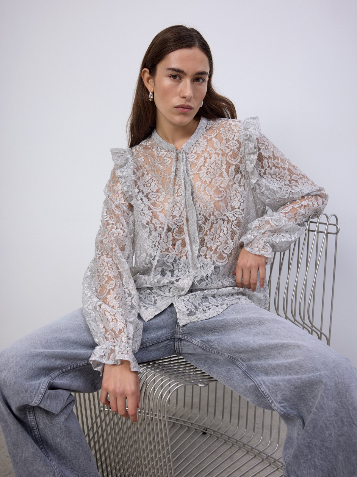 LEVETE ROOM Silver Lurex Sheer Lace Tie Neck Frill Cuff Blouse S UK8-12 £140