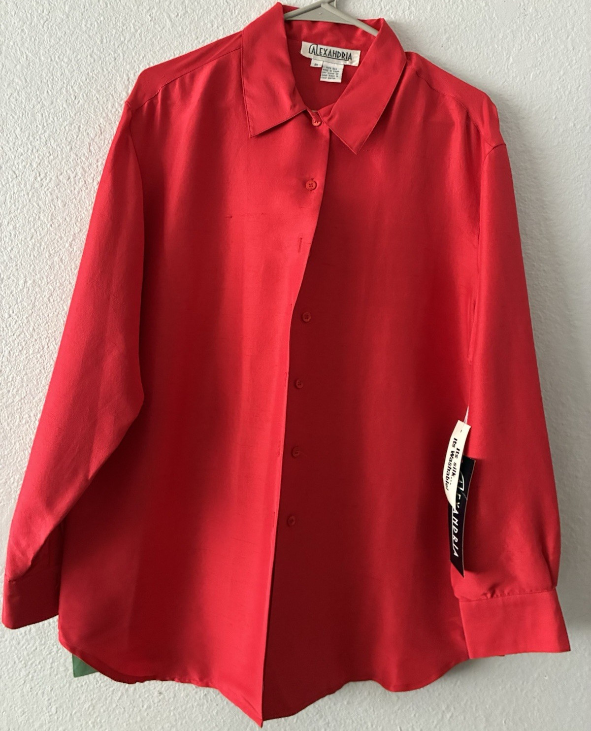 Alexandria Red Silk Solid Woven Collared Button-Up Long Sleeve Blouse 10