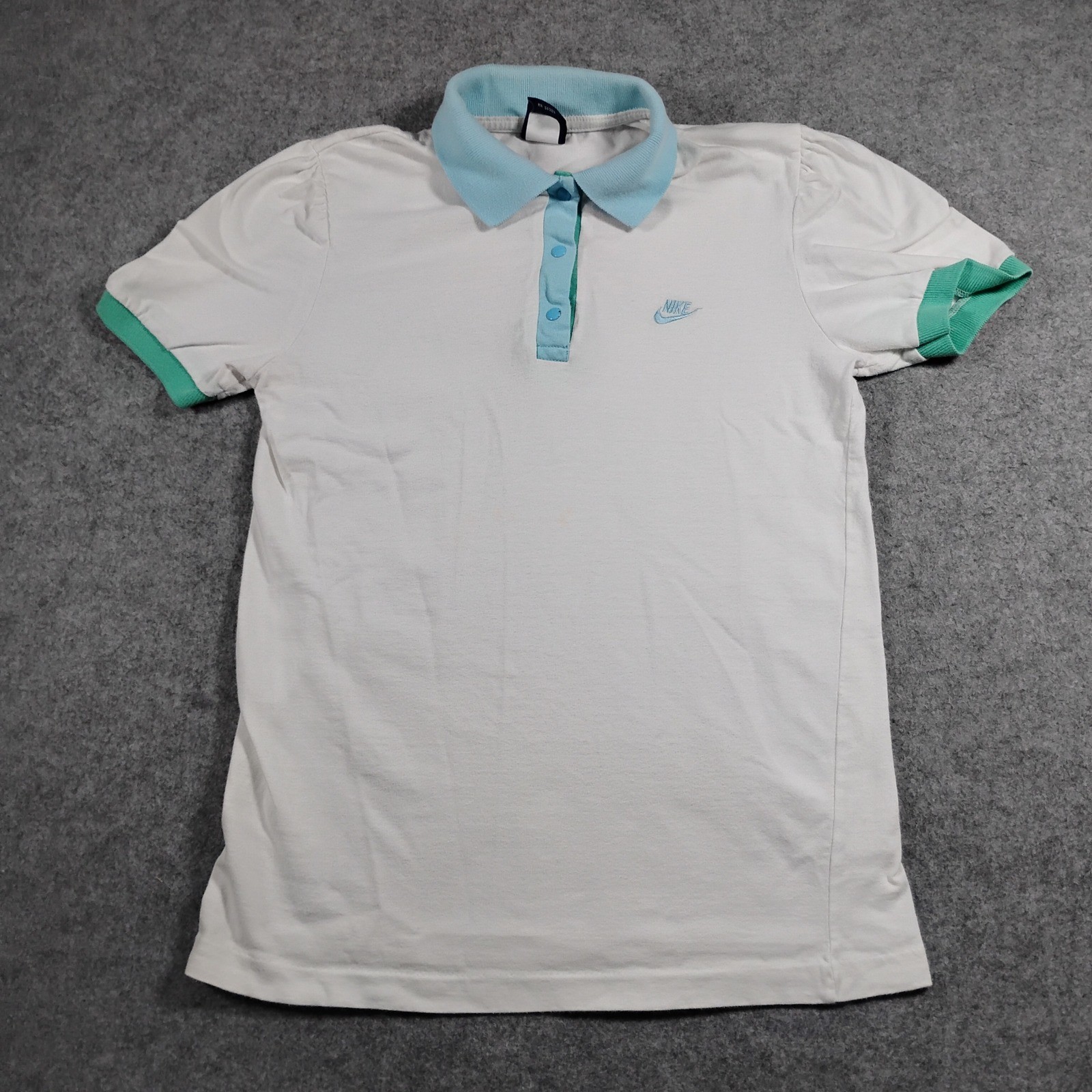 Vintage Nike Polo Shirt Women Medium White Blue Tag Collar Puff Sleeve Retro 80s