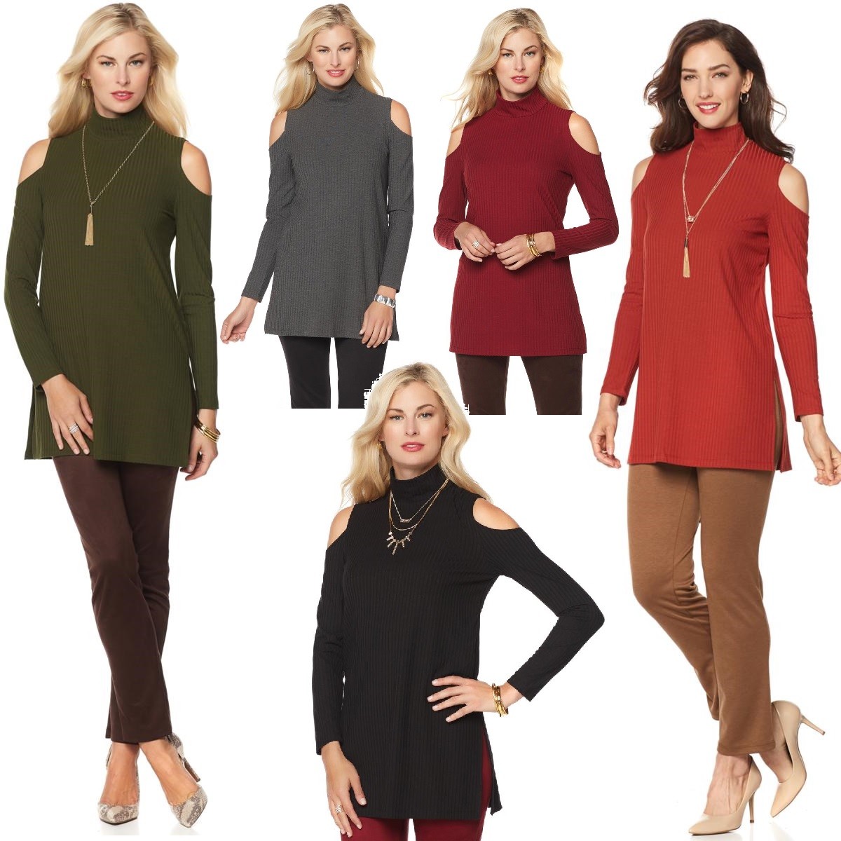 Slinky Brand Cold-Shoulder Ribbed Tunic with Mock Neck 510424-J (XS-L)