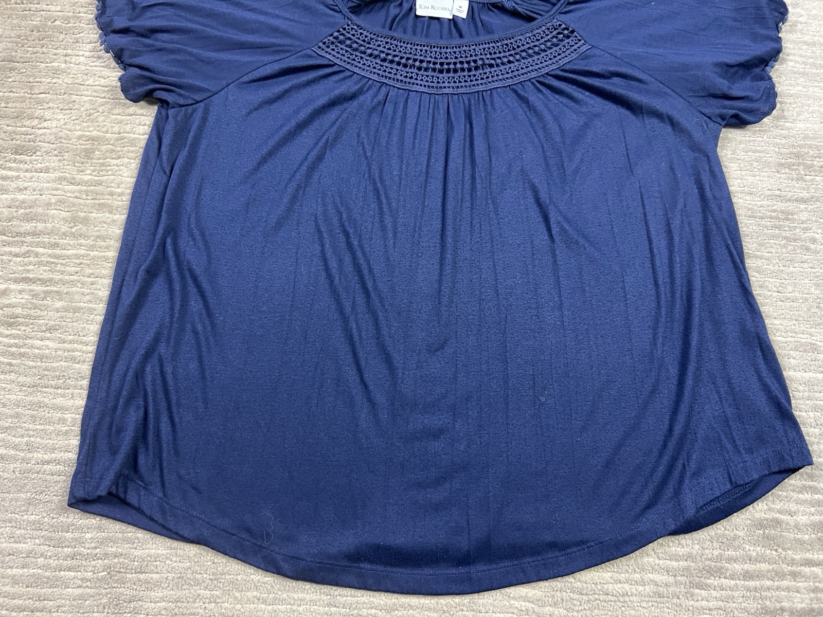 Kim Rogers Top Womens Medium Blue Short Sleeve Polyster Blend Lace Neckline