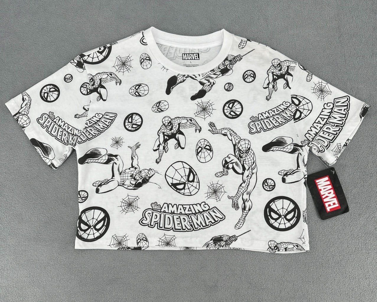The Amazing Spider-Man Crop Top T-Shirt Womens Large White Marvel AOP Retro Y2K