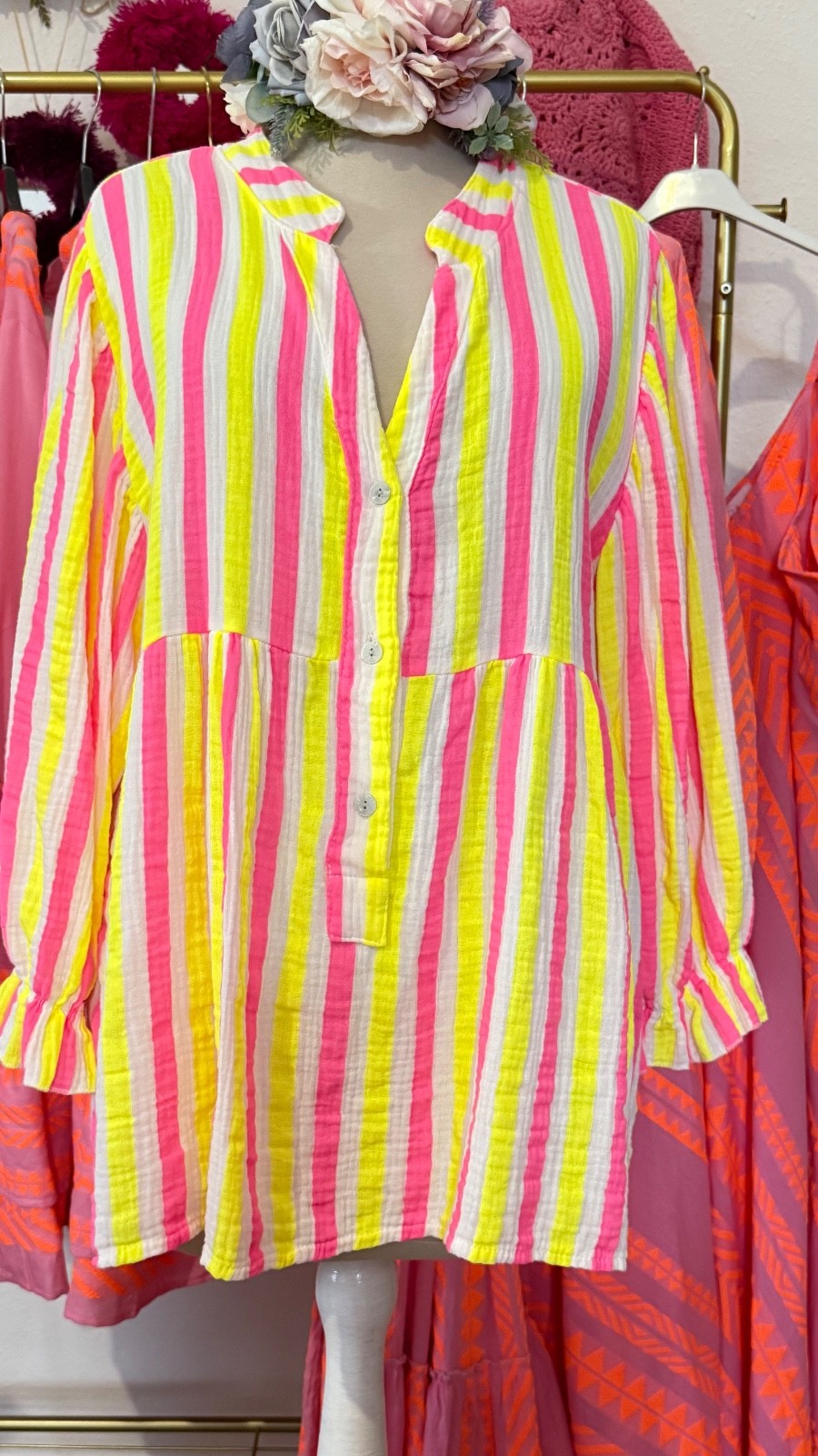Shirt blouse muslin white yellow pink stripes up to size 42