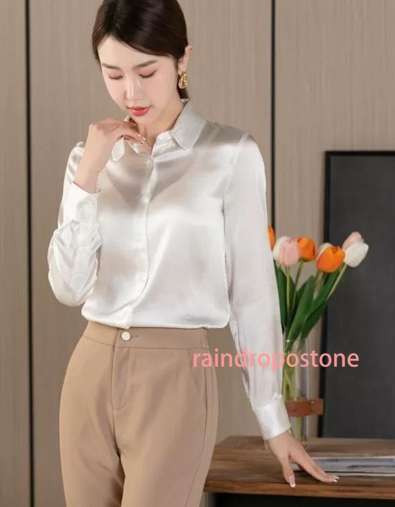 Imitated Silk Satin Long Sleeve Button Down V Neck Workwear Blouse Top Shirts