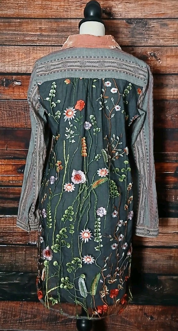 Soft Surroundings Tunic Top S Boho Long Ruffle Embroidered Roll Tab Cuff Button