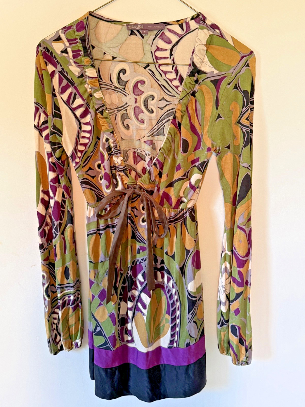 Hale Bob Green Multicolor V-Neck Long Sleeve Silk Tunic, Size S