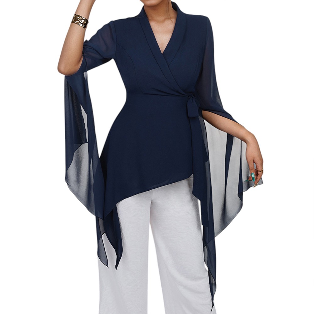 Women Chiffon Wrap V Neck Business Casual Shirt Office Asymmetrical Blouse Tops