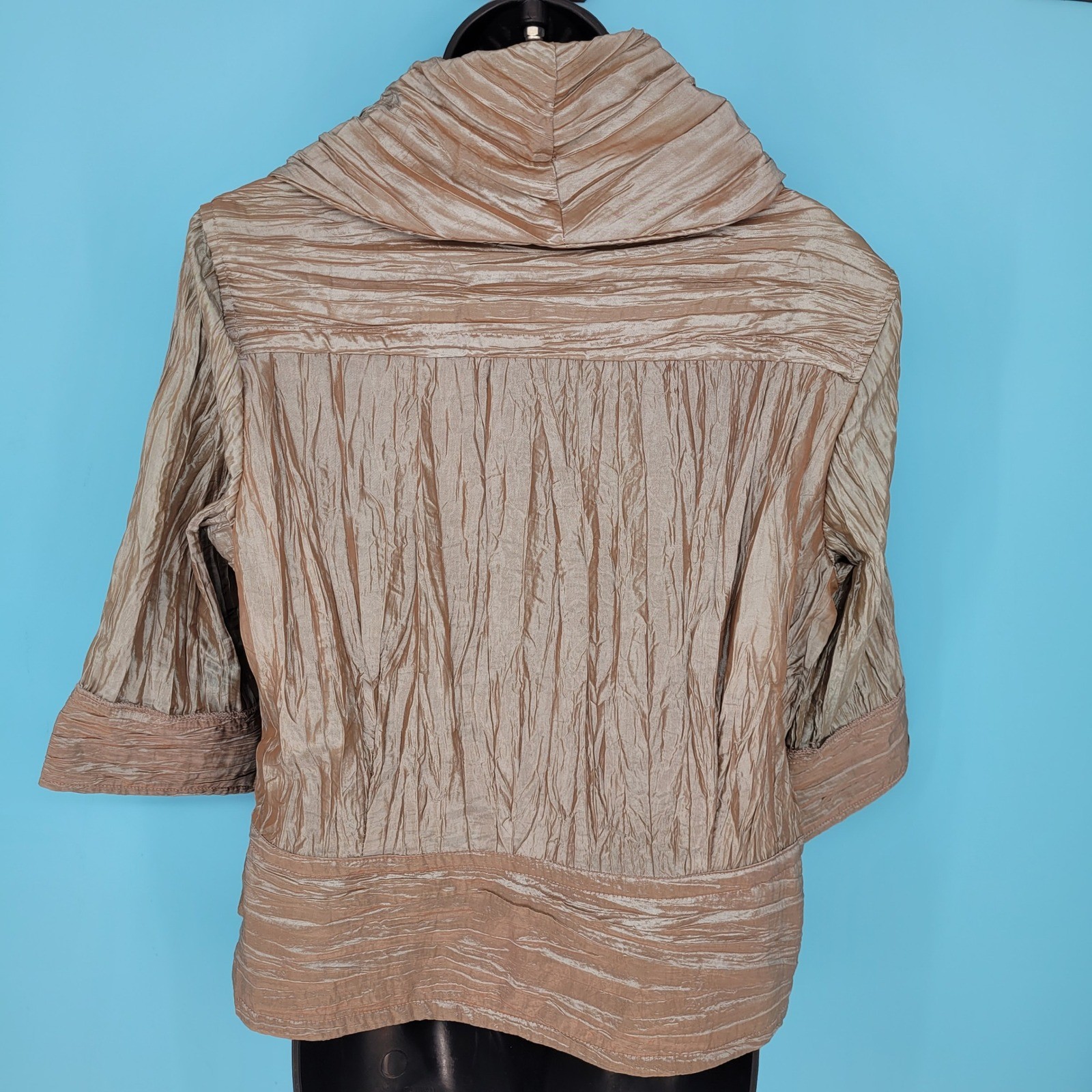 Essentials by Milano liquid Bronze Metallic Crinkle Wrap Blouse Y2K Pleated Top