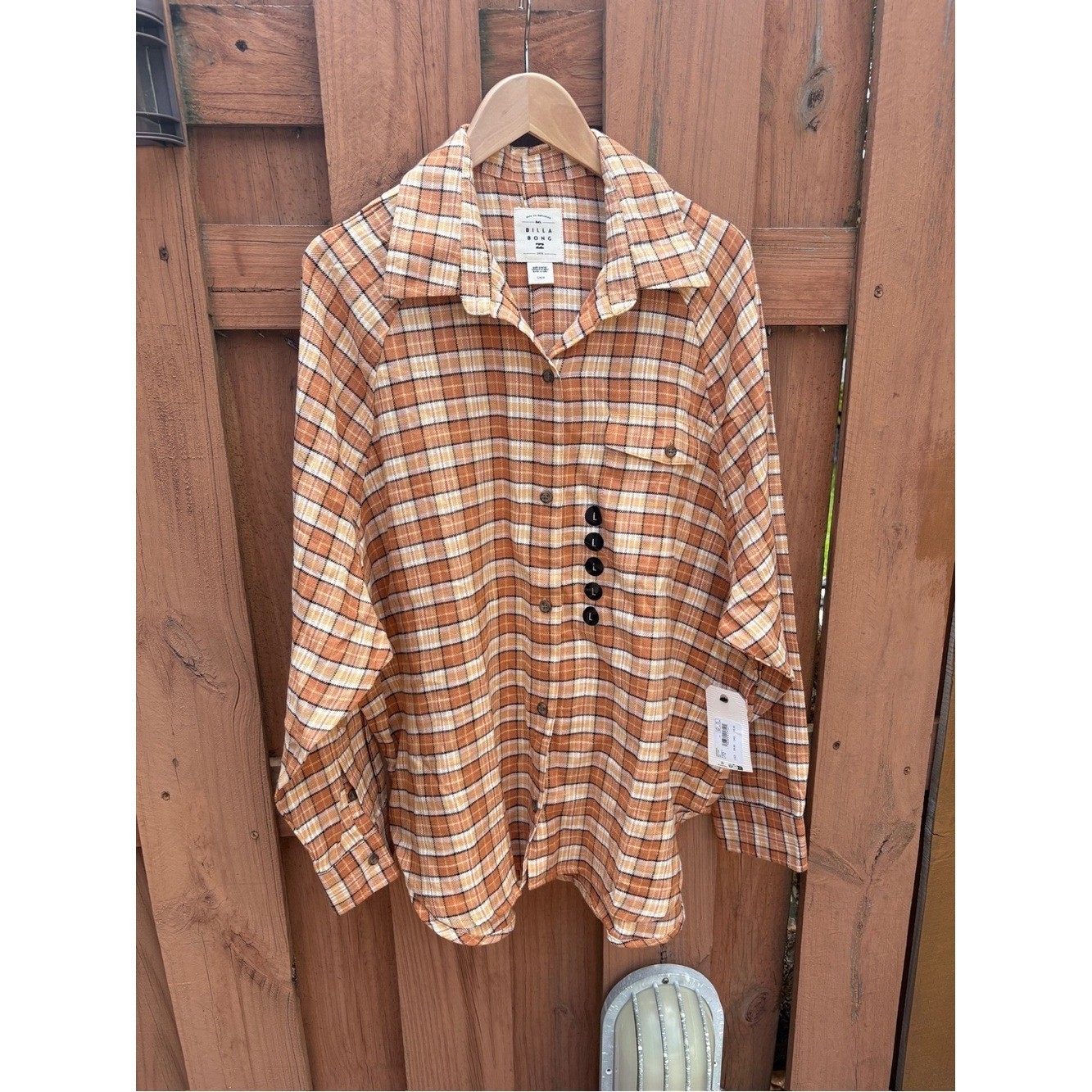 NWT Billabong Orange and Cream Plaid Button-Down Shirt