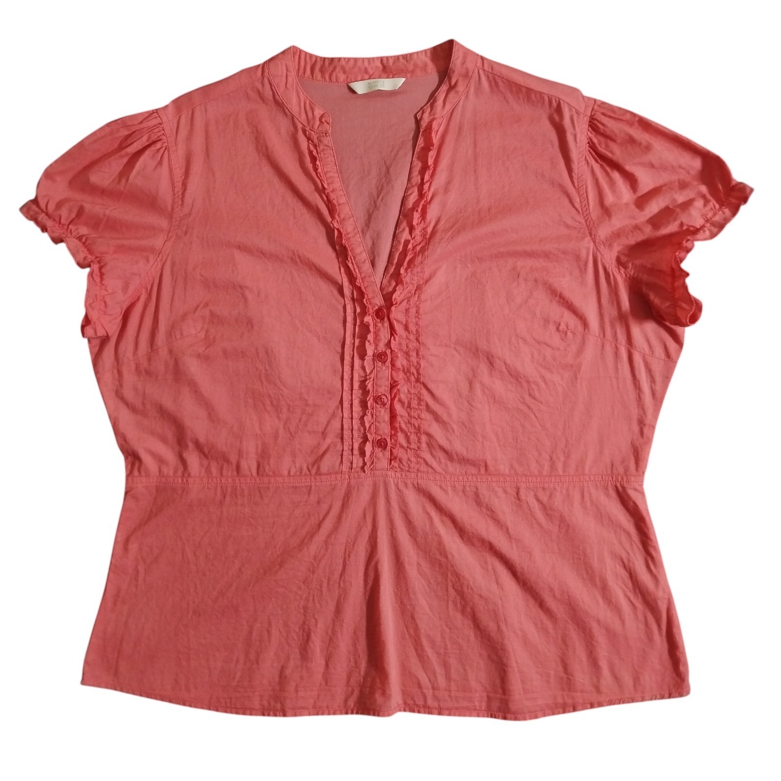 Marks Spencer Top Womens 18 Coral Pink Button Blouse Ruffle Pleated Puff Ruched
