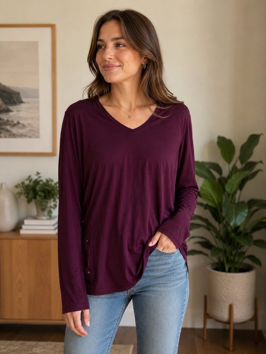 Dana Buchman Dark Plum Tunic Sweater Top Pockets Rayon Blend Size M