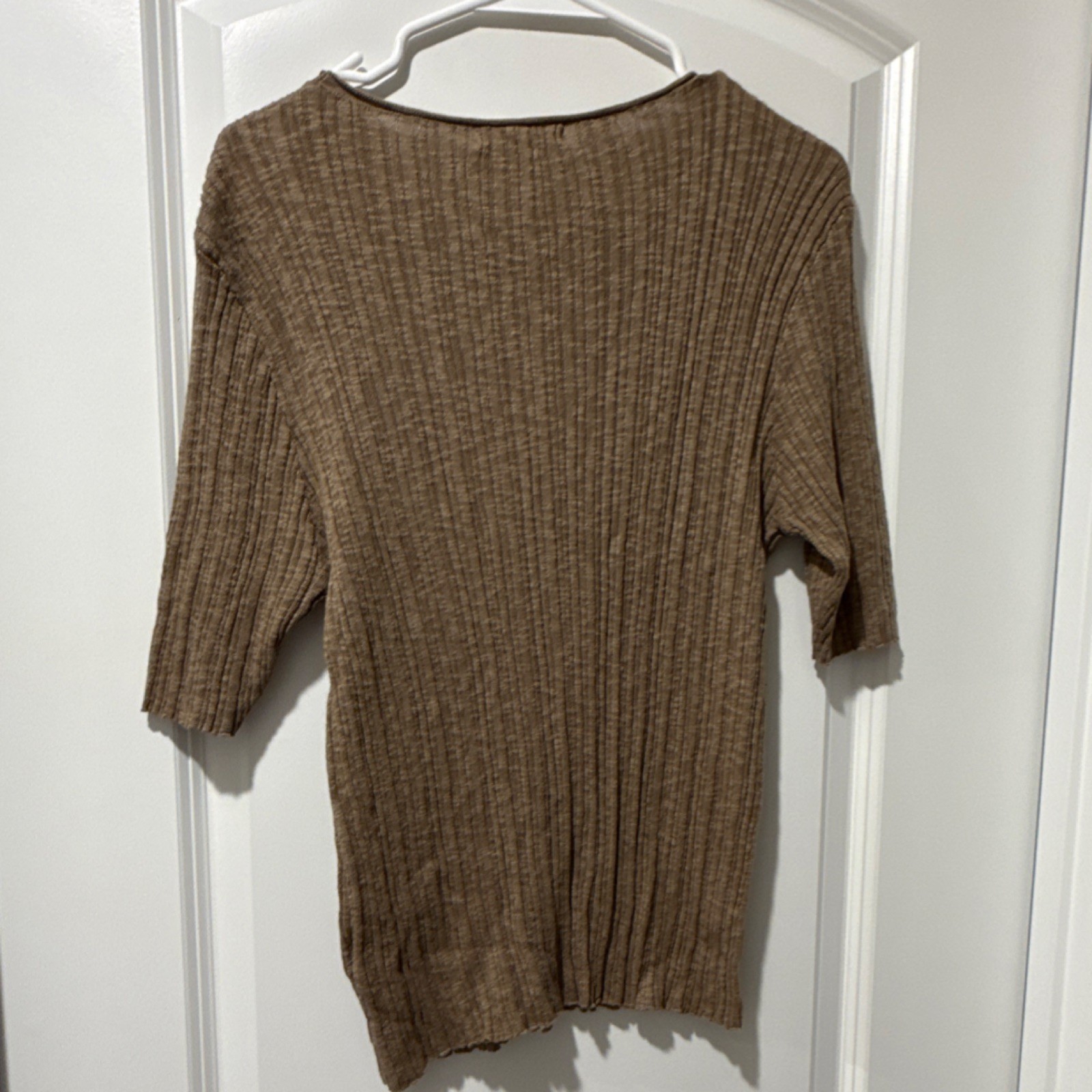 Bohemian Earthy Grade & Gather Brown Ribbed Knit Short Sleeve Neck Top Size M