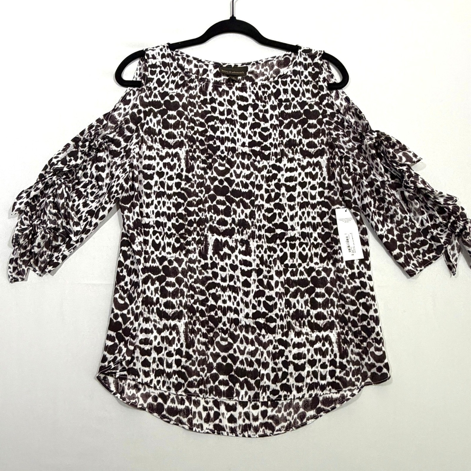NWT Bold Elements Cold Shoulder Blouse Medium Brown White Animal Tie Sleeve