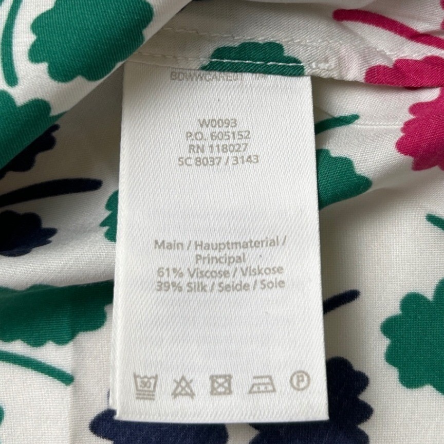Boden Womens Silk Blend Clover Floral Ruffle Neck Blouse Size 6 White Pink Green