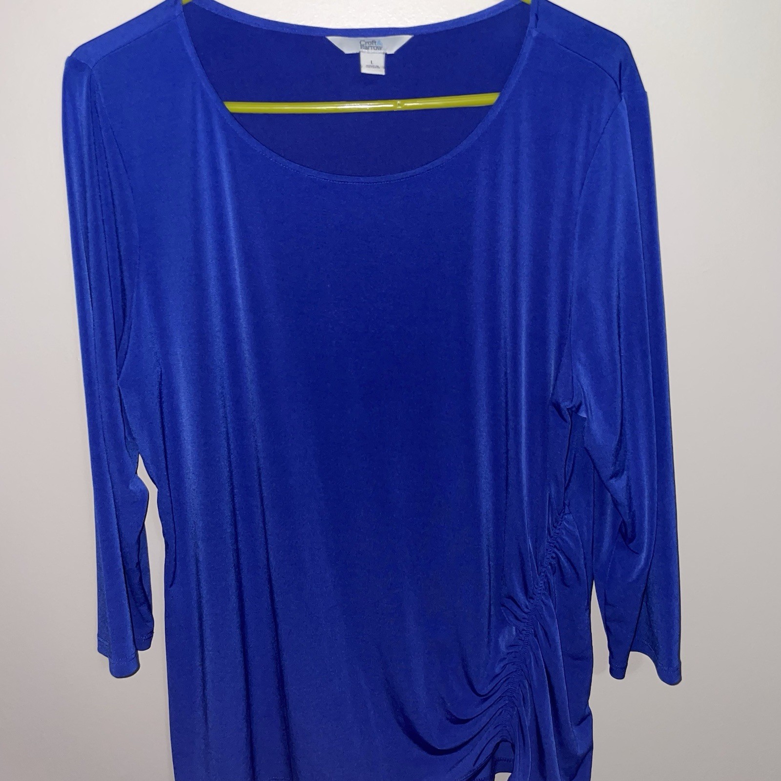 Croft & Barrow 3/4 Sleeve Top Size L Blue Stretch Ruched