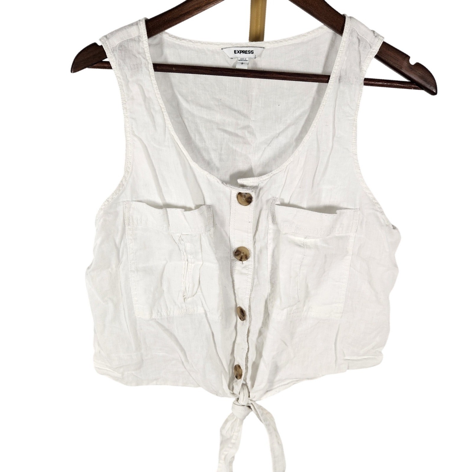 EXPRESS White Linen Cotton Button Front Tie Waist Tank Top Size Large