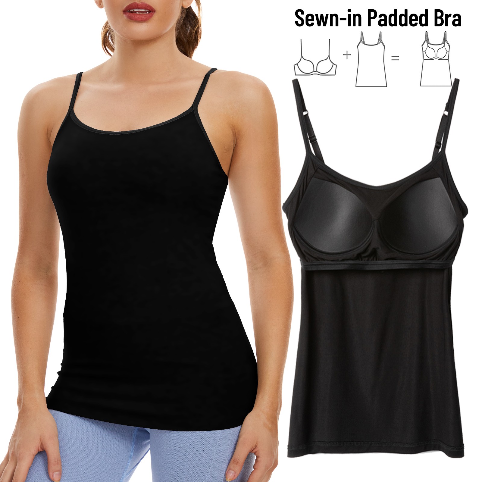 Women Sewn-in Padded Scoop Neck Undershirts Camisole Tank Top Spaghetti Strap