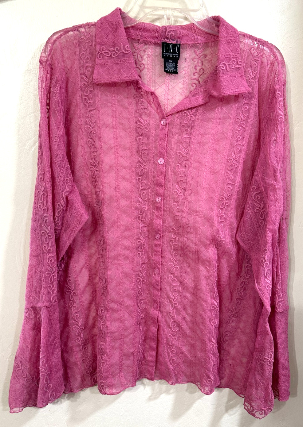 INC 3X Sheer Blouse Pink LS BD Collared Flared Sleeves Inat’l Concepts EUC