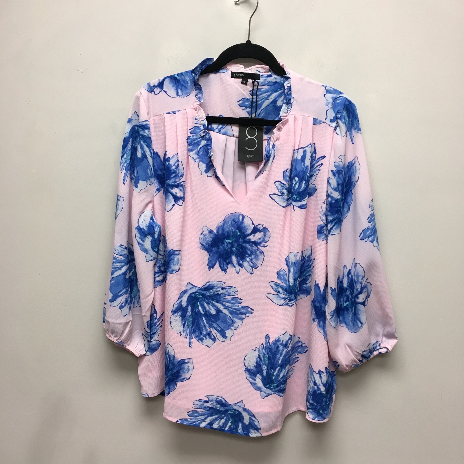 Gibson Look Womens Pink Ruffle Notch Neck Pleated Blue Floral Print Top 1X NEW