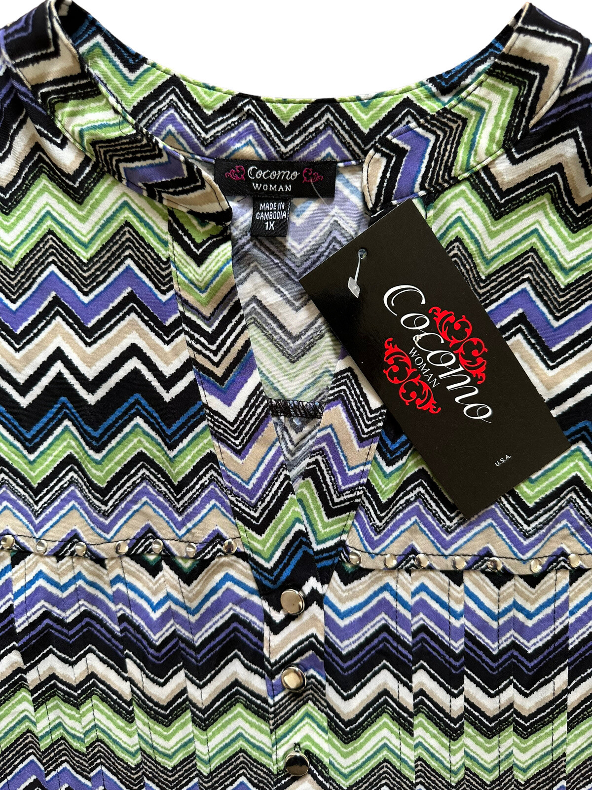 COCOMO 1X Green Blue Purple 3/4 sleeve Studded women’s Pintuck Blouse shirt