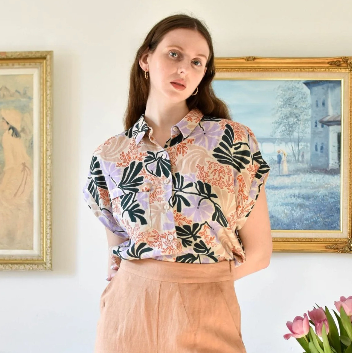 Eve Gravel Lotus Top In Bouquet Floral Print Hawaiian Camp Shirt women’s XS
