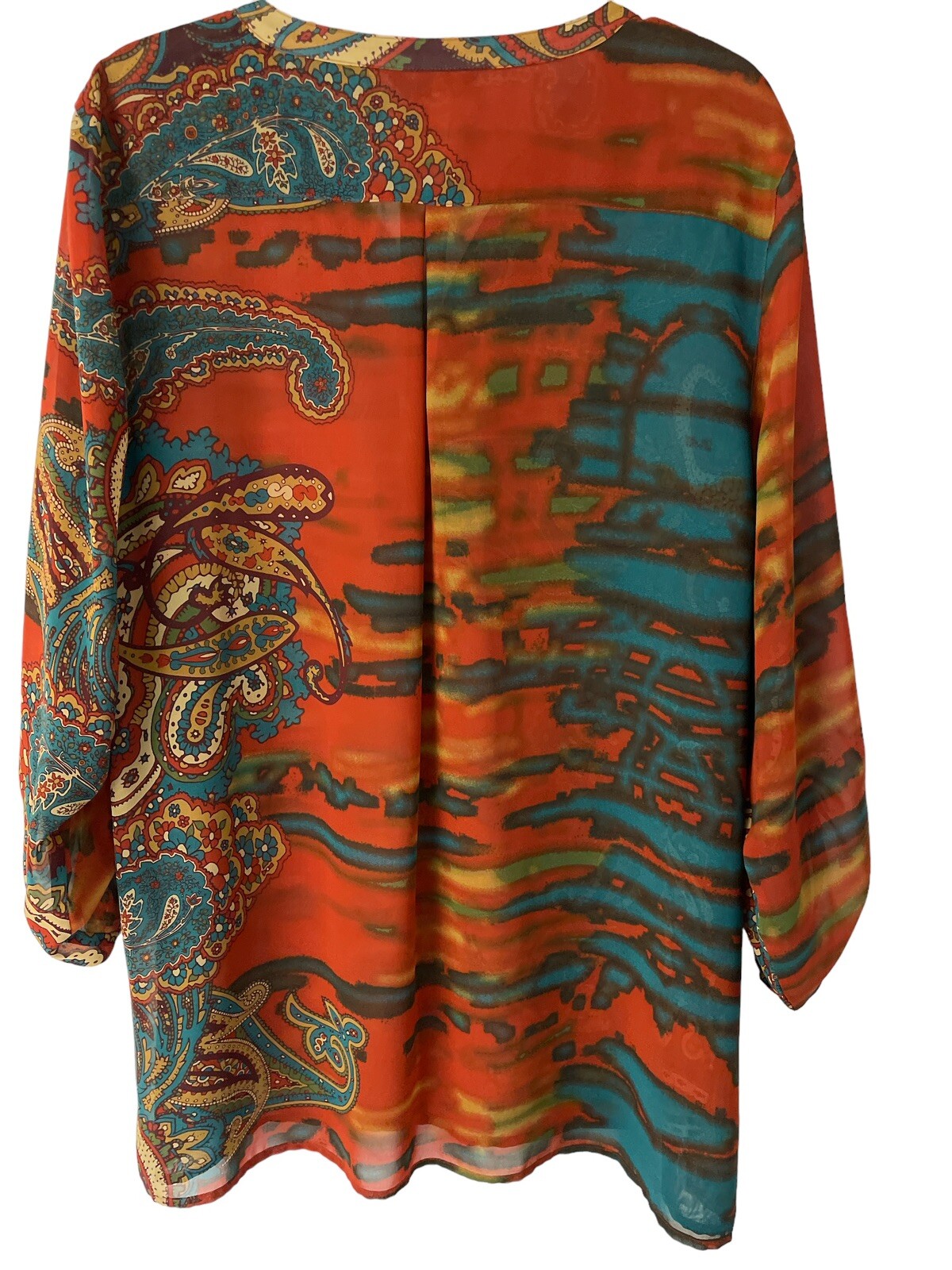 Multiples Plus Sz Top Semi-Sheer Paisley Henley Neck Sequins Long Sleeves Tunic