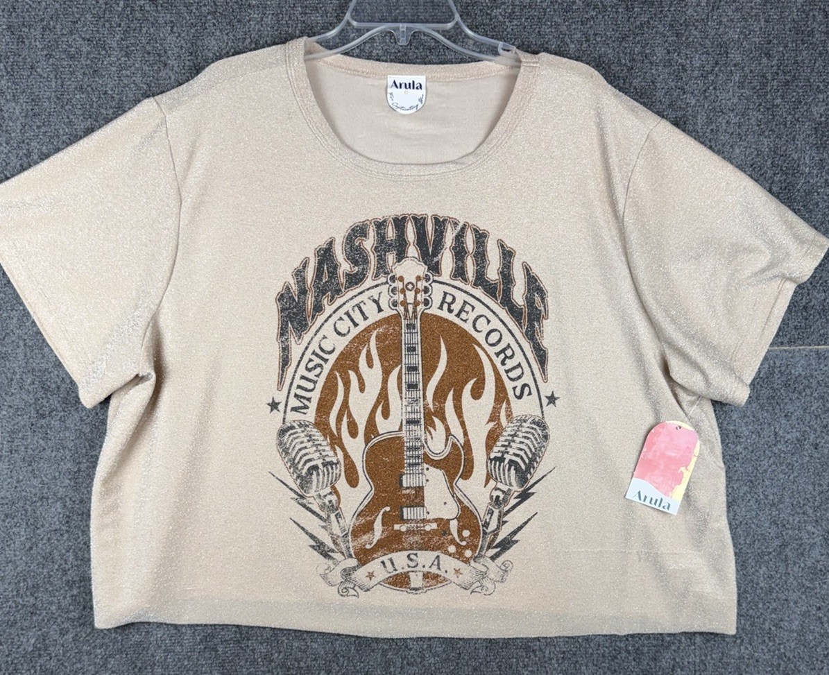 Arula Cropped Glitter Nashville Music City T-Shirt Women’s Size C(3X) Beige