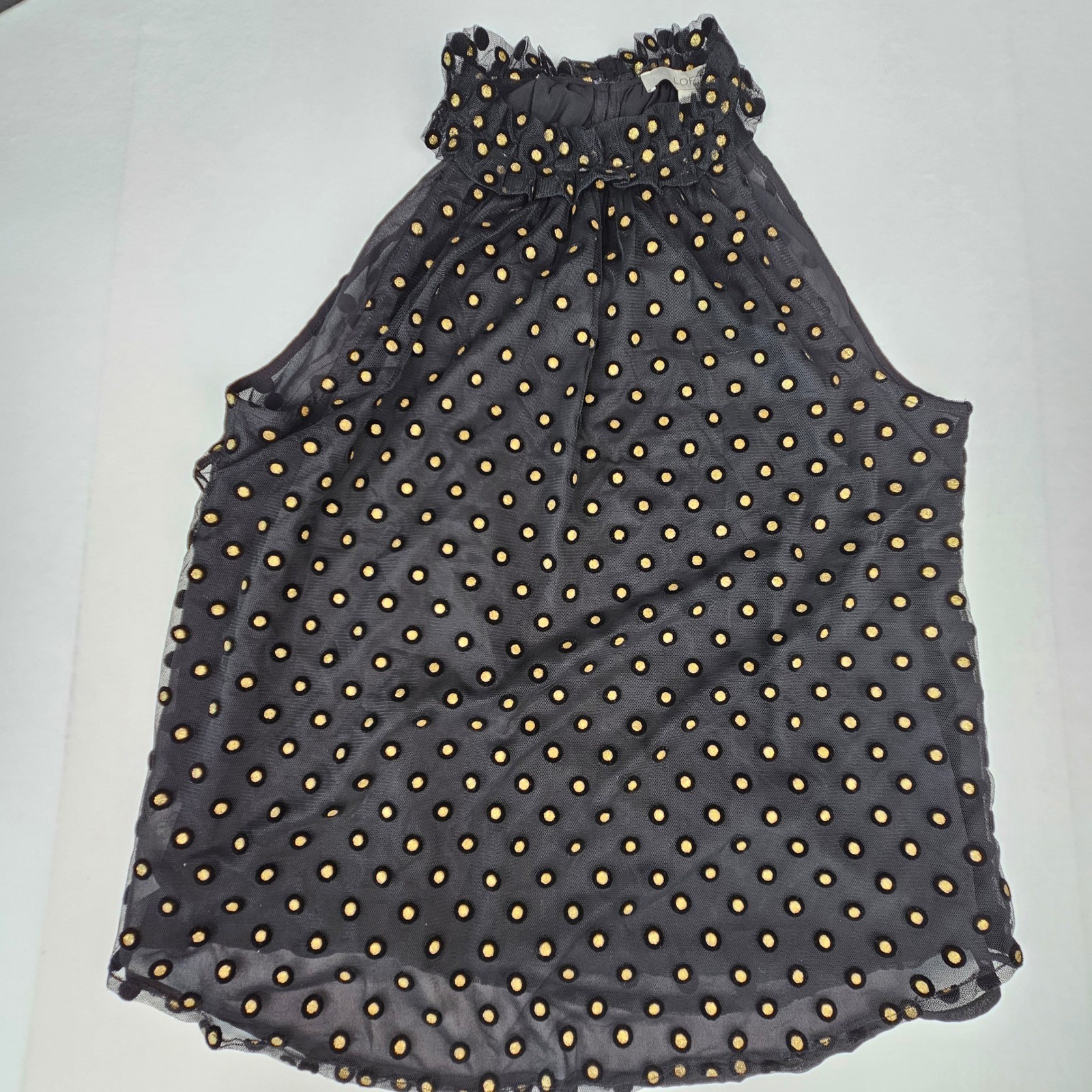 Loft Womens Black Gold Polka Dot Halter Neck Ruffle Blouse Size M Mesh Overlay