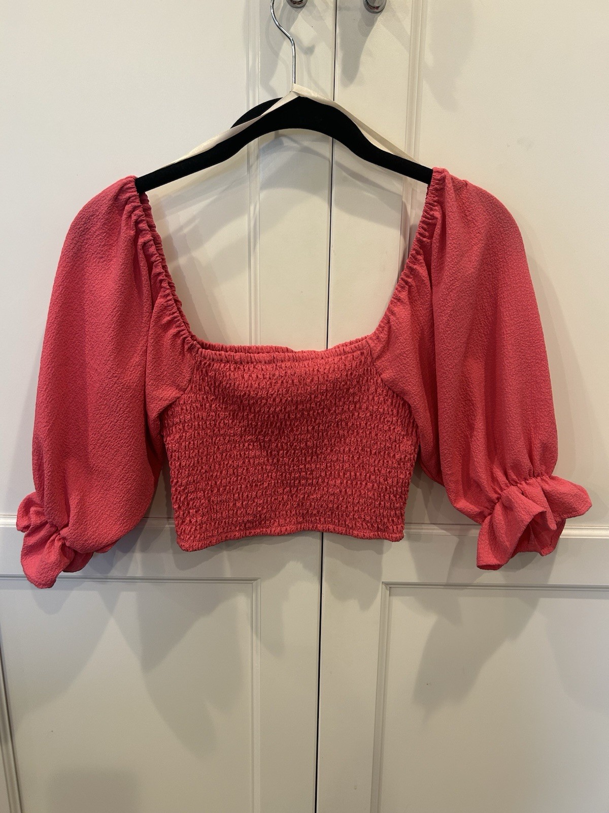 Cropped Summer BCBGeneration Top Deep Rose XS Peasant Sleeves Tight Fit Body
