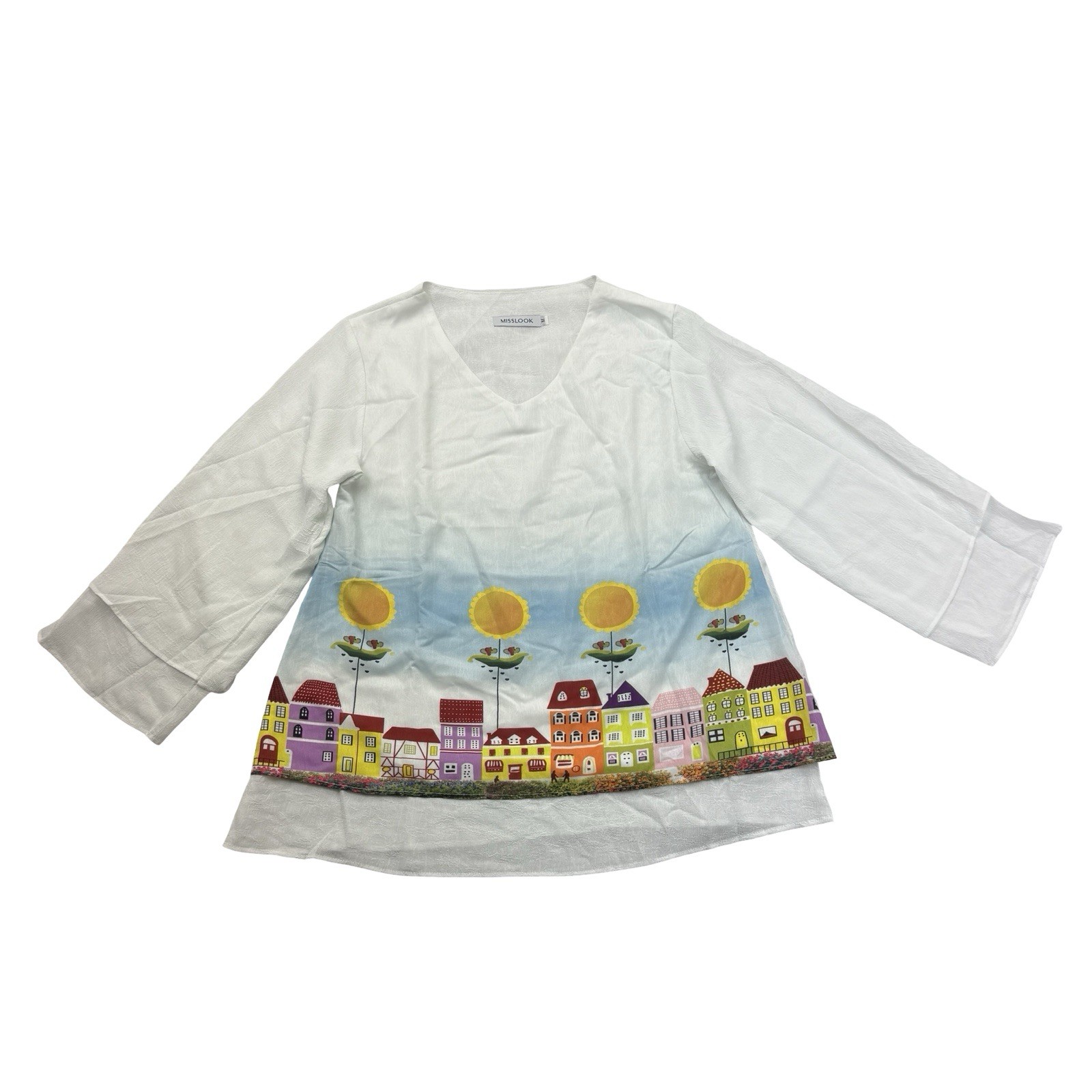 MissLook Shirt Womens Medium M White Colorful Townscape Floral Long Sleeve