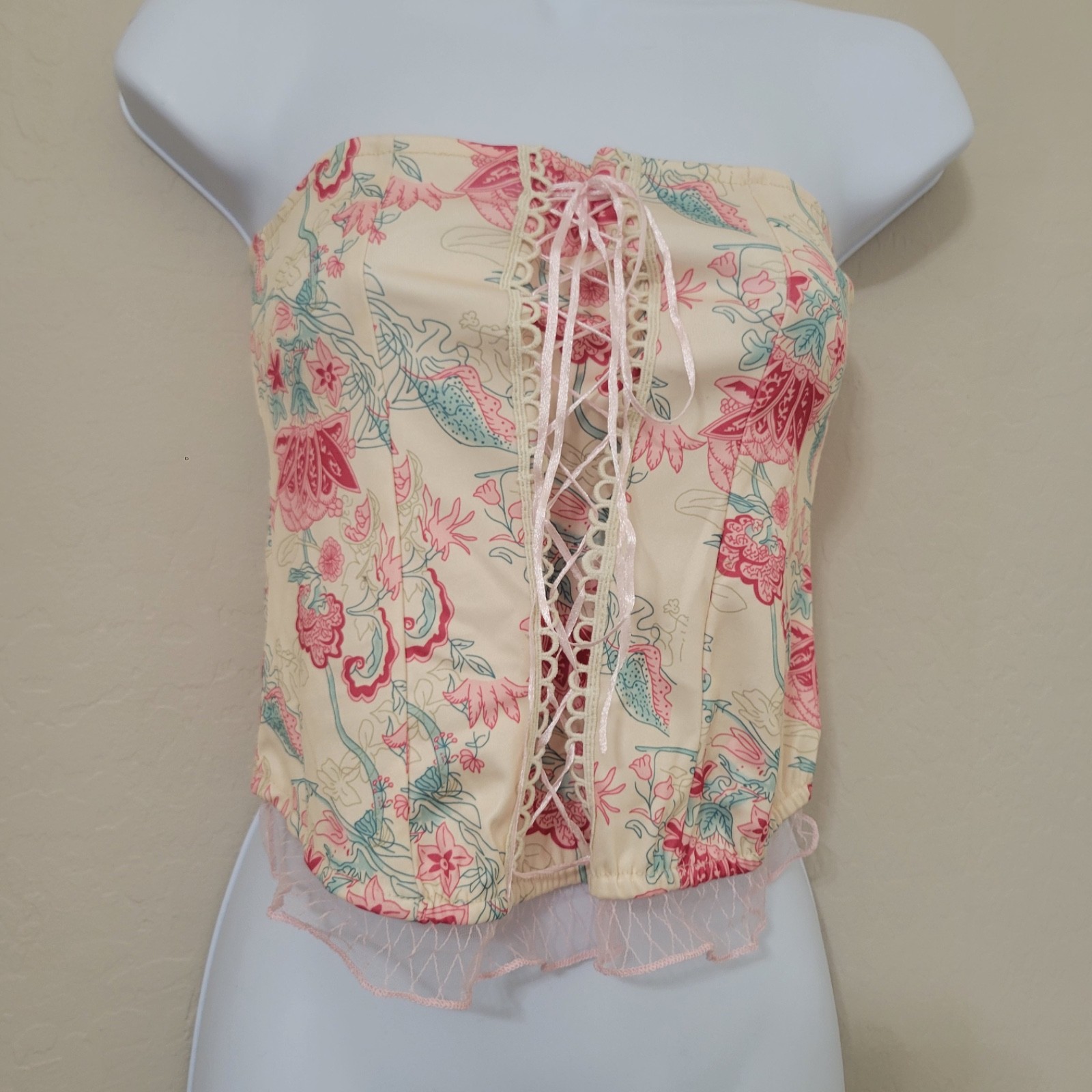 ROMWE Cream Floral Corset Strapless Top with Lace Ruffle Women’s Size M Y2K