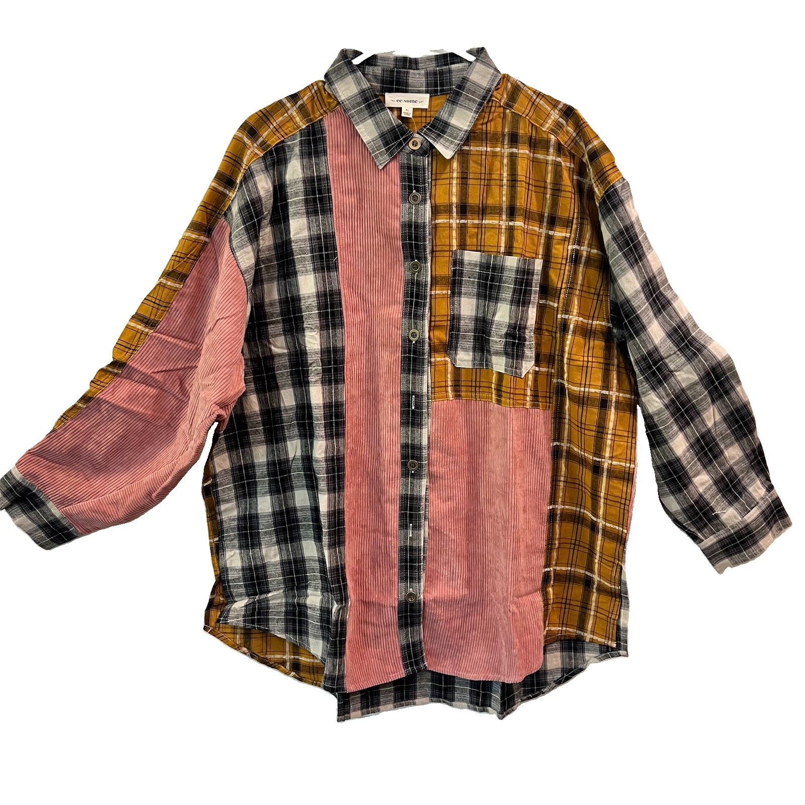 ee:some Mixed Material Flannel Shirt Sz 1x Cotton Long Sleeve Button Up Shacket