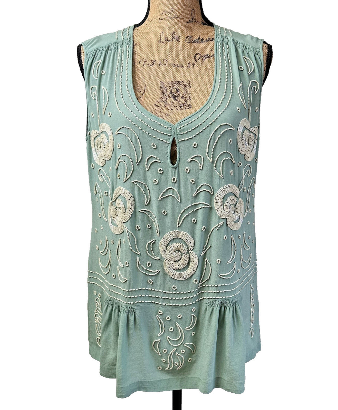 French Connection Women’s Green Beaded 100% Silk Sleeveless Blouse Top Sz 8