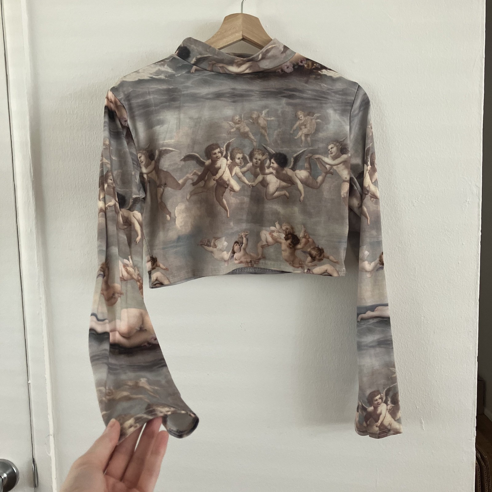 Mock Neck Crop Long Sleeve Cherub Shirt Medieval Baroque Angels Rococo Sz 12