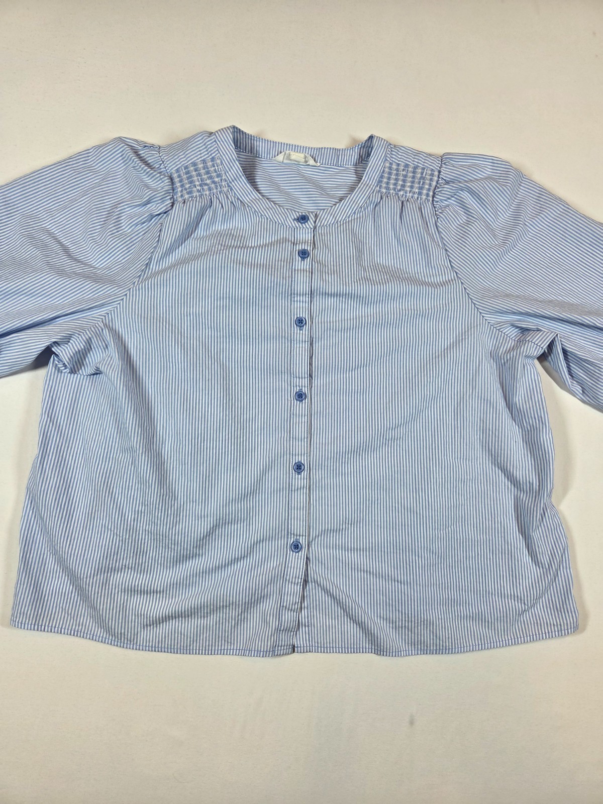 johnnie-O Women’s Size 2 Blair Puff Sleeve Smocked Blouse Blue White Pinstripe